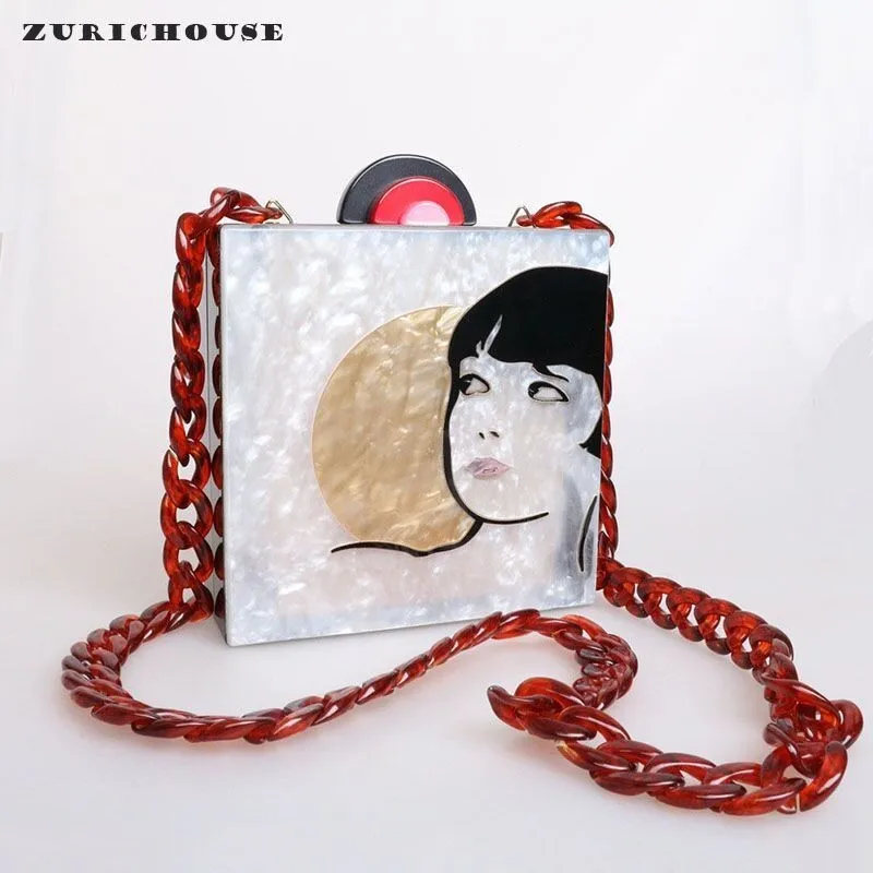 

ZURICHOUSE Small Square Clutch Purses Women Luxury Chic Splicing Acrylic Unique Half Face Ladies Handbags Chain Shoulder Bags
