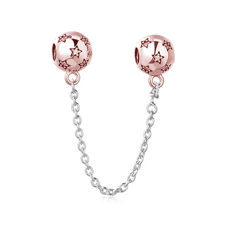 

Trendy 925 Sterling Silver Bead Charm Rose Stars Safety Chain Fit Original Pandora Bracelet Bangle for Women DIY Jewelry Gift
