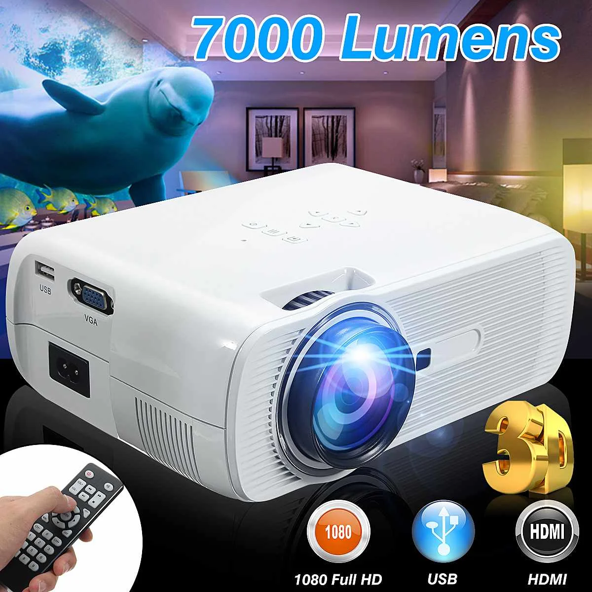 

7000 Lumens HD LED Projector 3D Large Screen Home Theater Cinema LCD Wireless HDMI AV/VGA/USB/SD/HDMI/TV Multimedia Beamer
