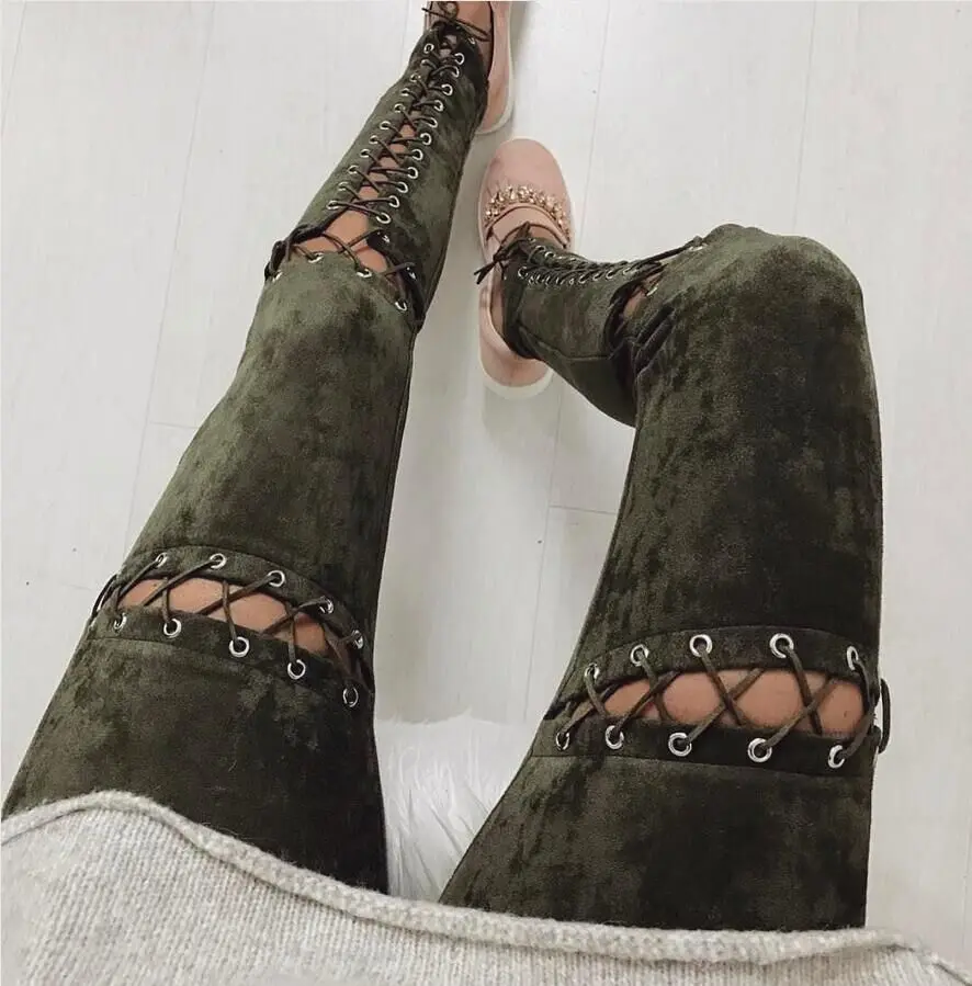 Женские леггинсы на шнуровке с высокой талией, сексуальные длинные тонкие леггинсы, замшевые повседневные длинные штаны, осенне-зимние узкие брюки Xnxee