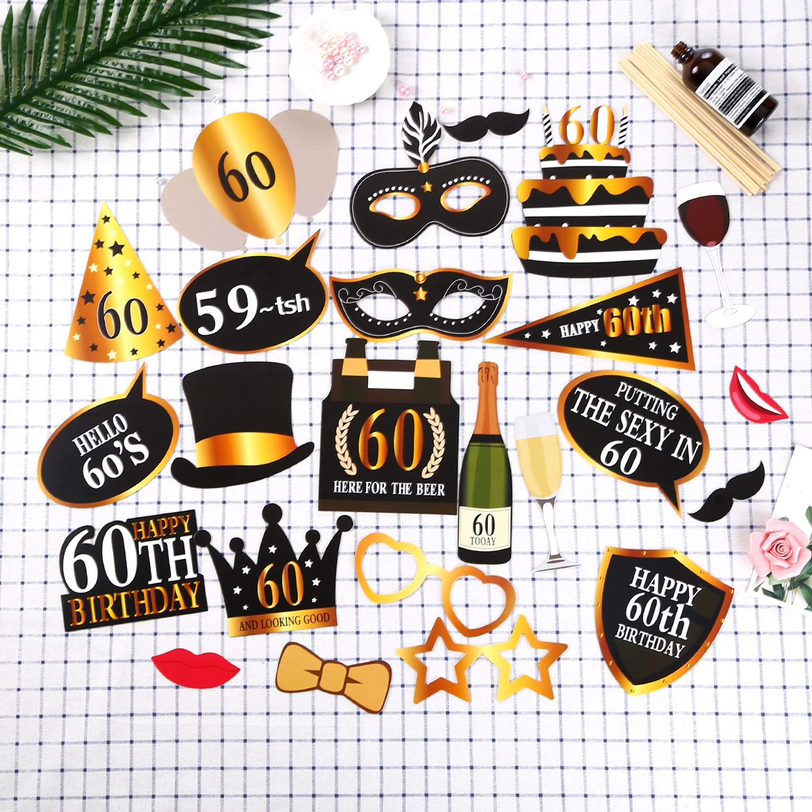 

24pcs/set Adult Beard Photo Props Decorations 30/50/60th Photo Booth Props Wedding Anniversary Party Black Gold Party Supplies