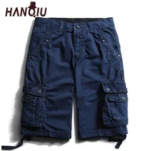 HANQIU Лето Новое поступление Карго короткие мужская из чистого хлопка твердые середины талии высокое качество повседневные плюс размер мульти-карман мужские шорты