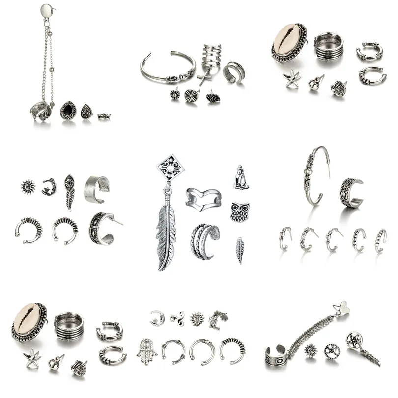 

Vintage Earring Set Antique Silver Color Sun Heart Leaves Hollow Round Earring Women Double Chain Ear Cuff Clip Jewelry