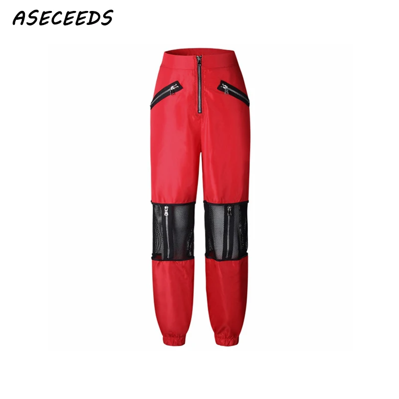 

Women high waist pant 2018 mesh zipper harem pants red black punk rock camo Pants Trousers Jogger sweatpants streetwear
