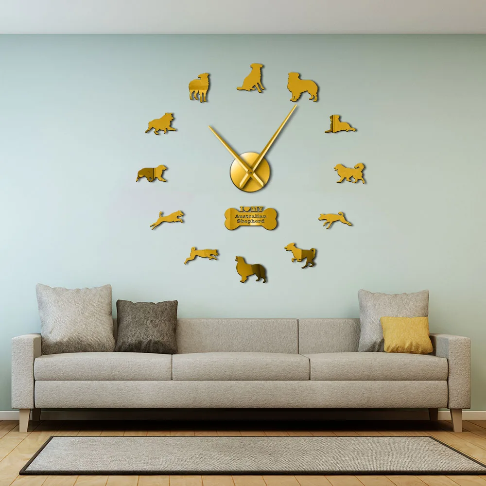 

Aussie Australian Shepherd Dog Sheepdog Frameless Acrylic Mirror Stickers Decor DIY Big Wall Clock Australian Large Wall Clock