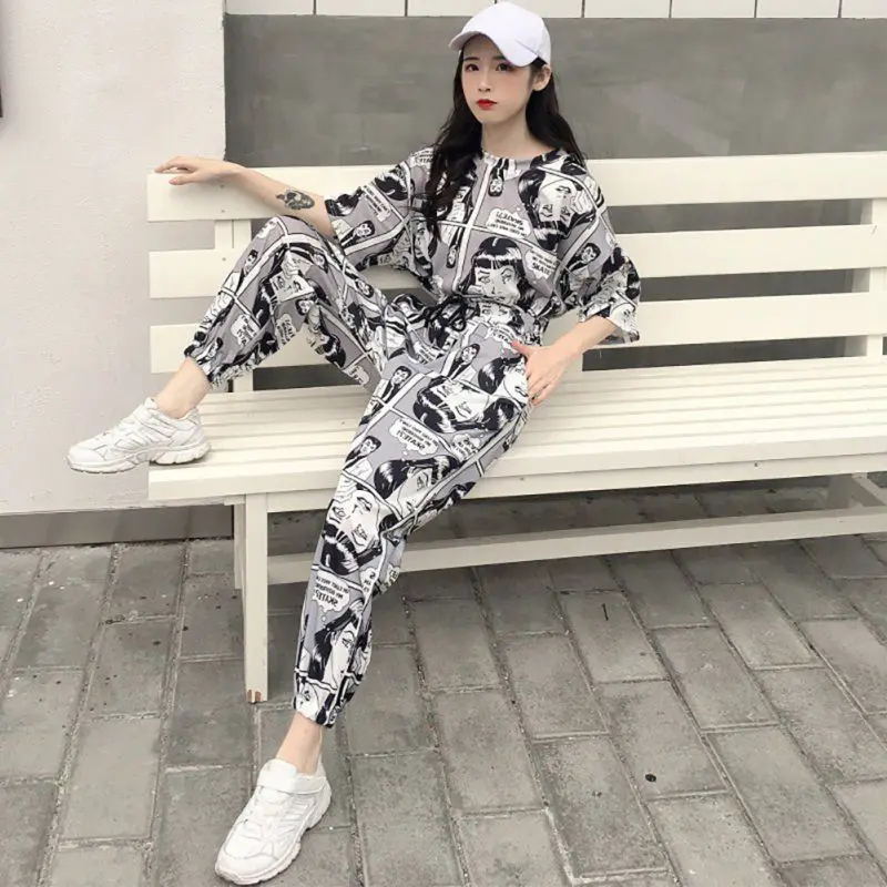2 шт./компл. футболка с короткими рукавами и мультяшным принтом Harajuku длинные штаны