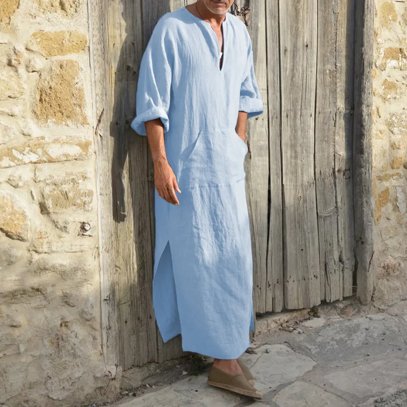 Мужской мусульманский халат размера плюс S-5XL с v-образным вырезом, повседневное однотонное хлопковое/Льняное свободное винтажное арабское этническое исламское платье с карманами и длинным рукавом - Цвет: Light blue sweater