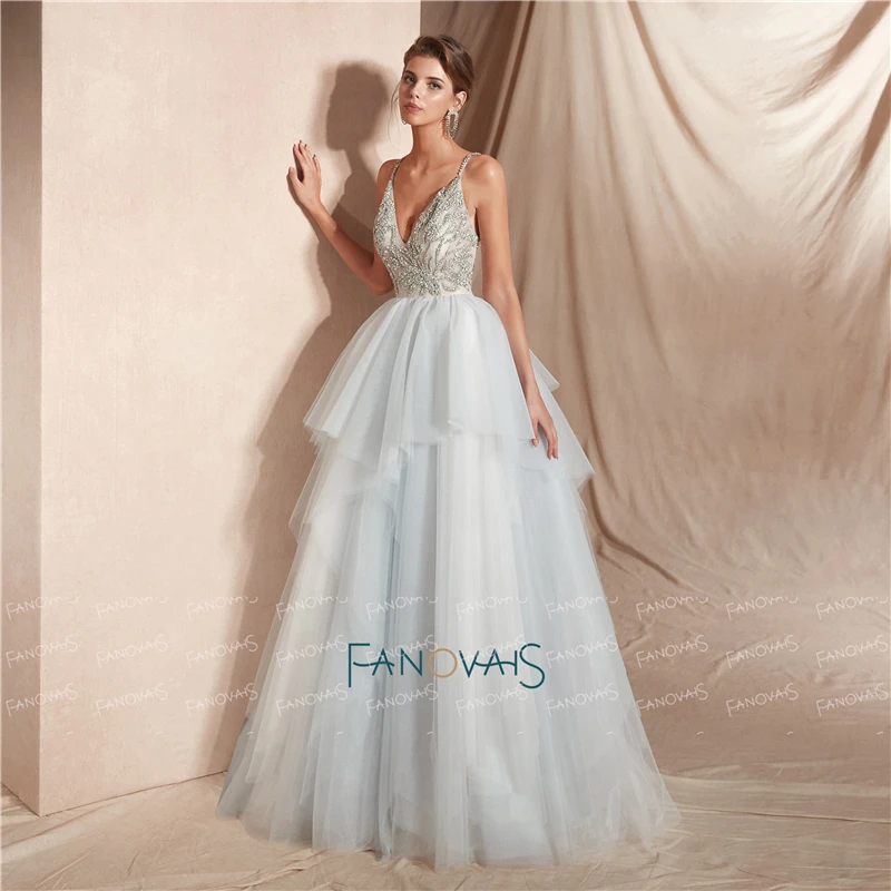 Роскошные Свадебные платья с длинным v-образным вырезом блестящее расшитое бисером свадебное платье из тюля бальное платье принцессы Vestido de Noiva WN24