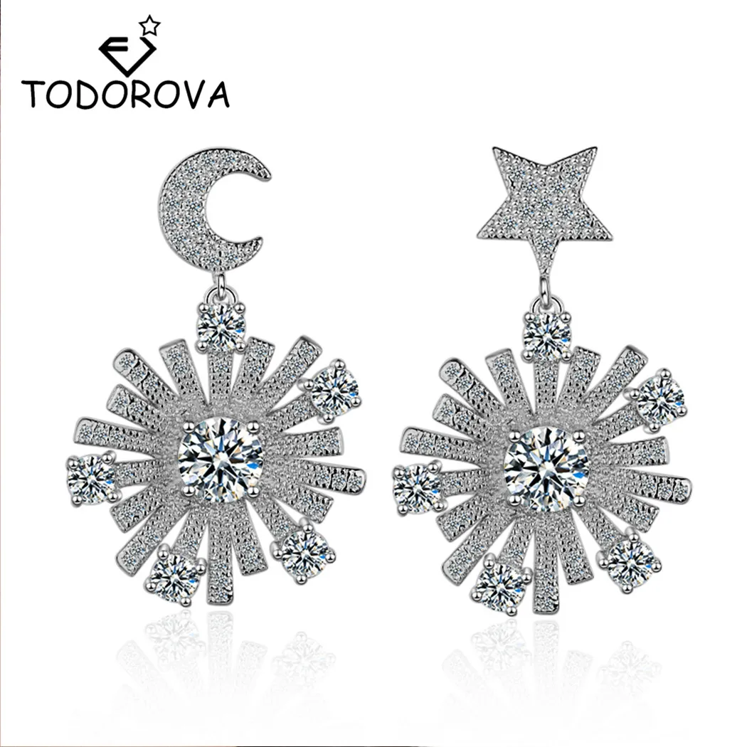 

Todorova Luxury Asymmetric Rhinestone Moon Star Female Drop Earrings Snowflake Pendant Earrings Temperament Crystal Jewelry