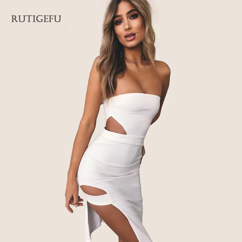 Rutigefu летнее платье женщина без бретелек Талия Полые Bodycon пикантные вечерние