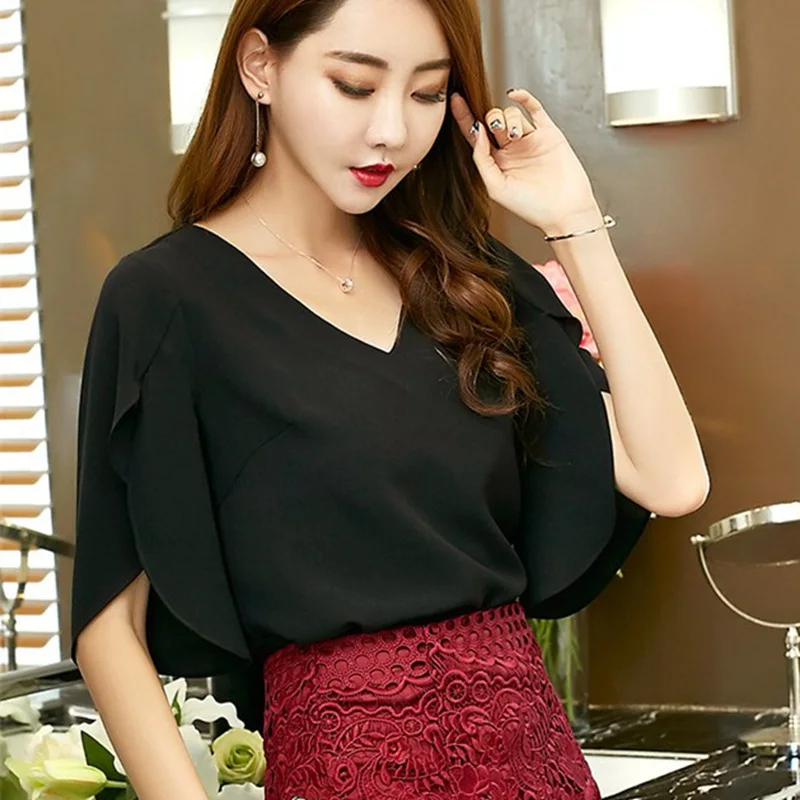 

S-2XL 2019 Elegant Summer Blouses Womens Chiffon Shirt Casual Blusa Feminina Butterfly Sleeve Sexy Women Blouse Black Top Blusas