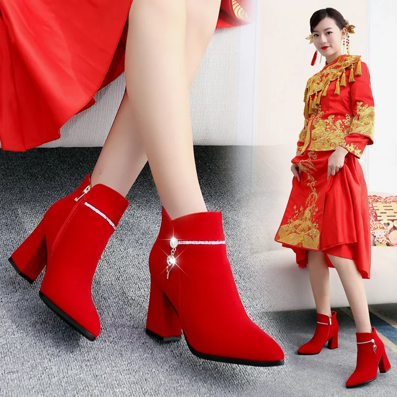 

Winter Wedding Shoes Red Color Square Chunky Heel Ankle Boots with Zip Pointed Toe for Bridesmaid Reception Plush Internal