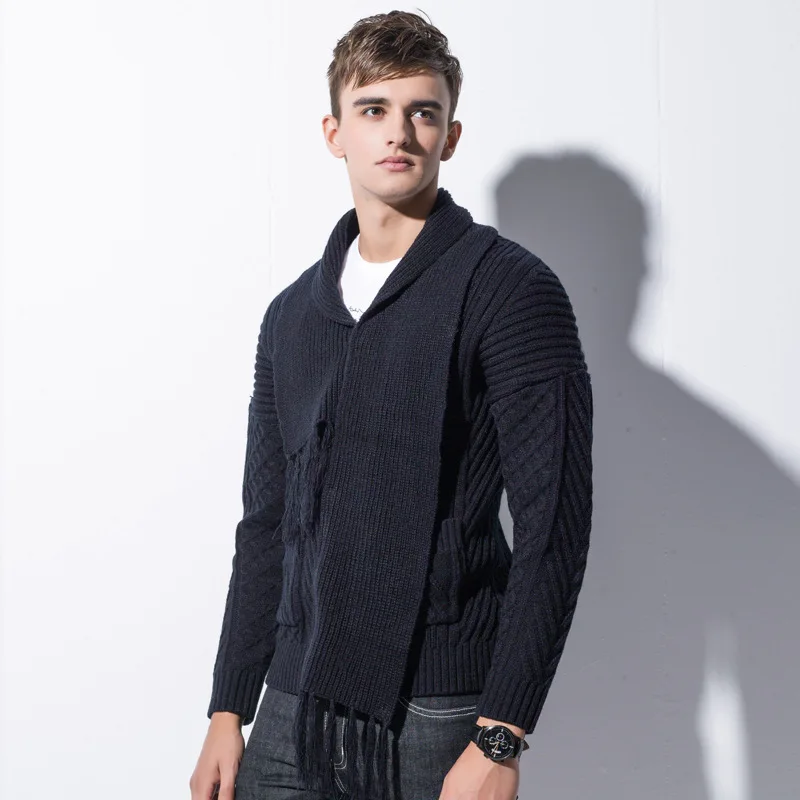 

2018 Autumn Winter Fashion Casual Scarf Collar Men's Knitted Sweaters Cardigans Black Outerwear Men Cardigan Jumper Clothing