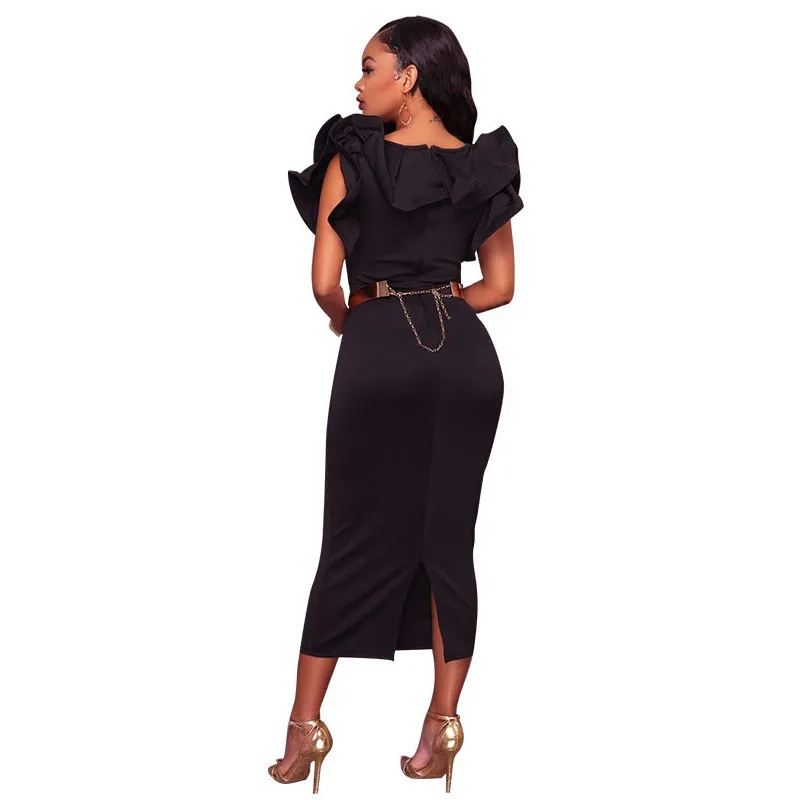 Women Fashion Formal Party Wear Dress Black Rose Carmine Solid Tight Fitting Ruffle Neckline Design Mid-Calf Wrapped Vestidos (2)