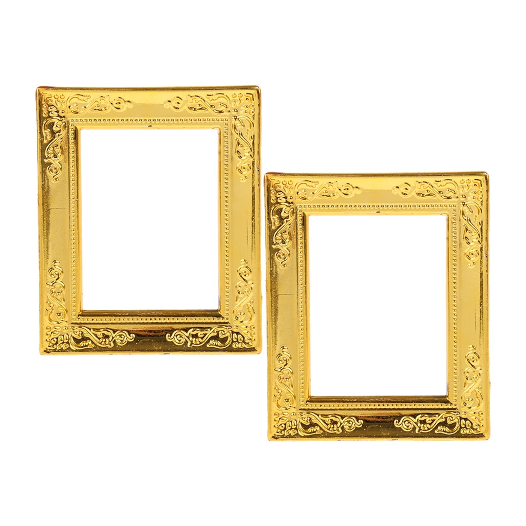 2Pieces 1/12 Scale Gold Photo Frame Rahmen Dollhouse Miniature Rooms Wall Decor