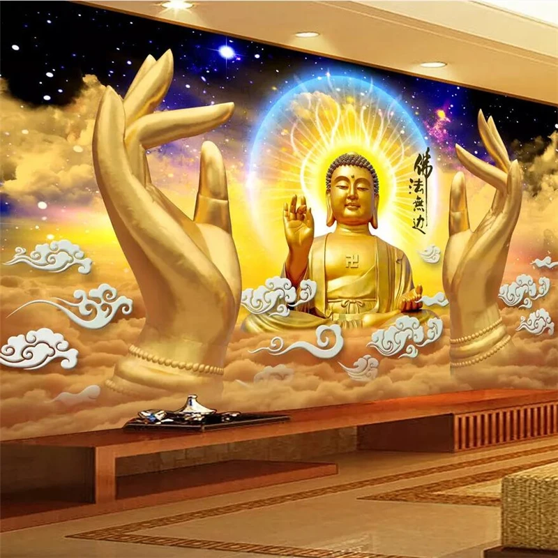 wellyu Dharma boundless day golden Buddha hand stereo 3D HD background wall painting custom large mural green wallpaper | Обустройство