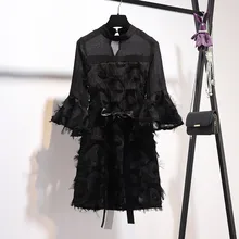 Английское стильное черное Сетчатое мини платье, женское элегантное вечернее платье с длинным Расклешенным рукавом размера плюс, черное платье длиной до колена Vestidos