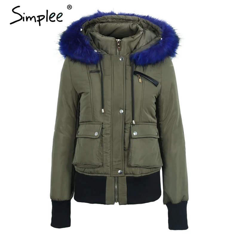 Simplee Hood padded parka winter jacket women coat Fur warm pocket zipper winter overcoat Snow wear thick jacket coat female