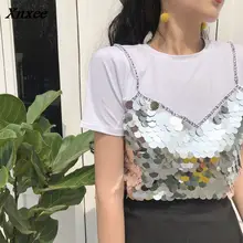Xnxee Европейская мода, расшитая блестками Лоскутная футболка, уличная женская футболка с коротким рукавом, повседневные свободные футболки, новинка 67533