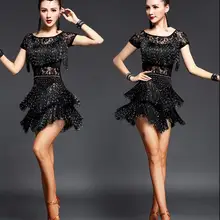 new Girls Kids adult Modern Ballroom Latin Dance Dress tassel Fringe Salsa Tango Dance Wear Black Performance Stage Wear