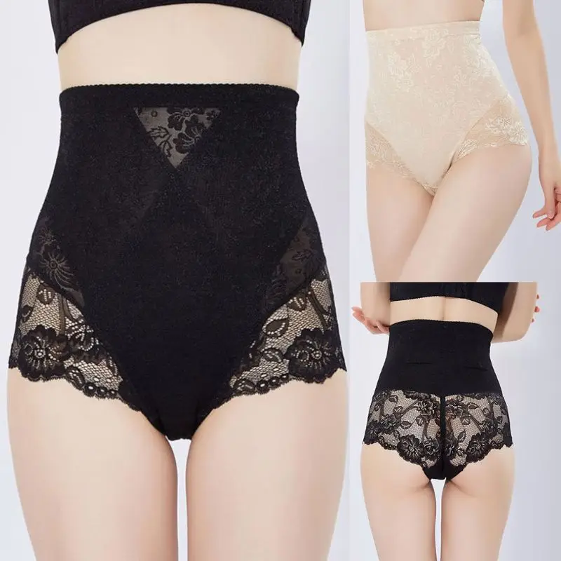 Womens Plus Size High Waist Panties Hollow Out Triangle Seamless Body Shaper Underwear Lace Butt Lifter Wide Waistband Briefs
