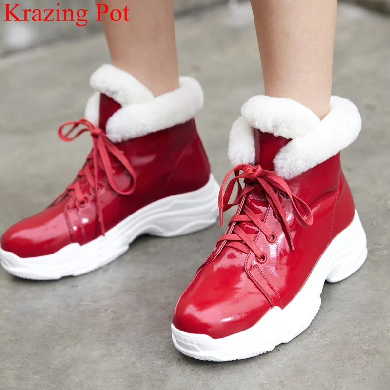 

2019 superstar lace up fur big size genuine leather ankle boots wedge increasing women snow boots keep warm winter shoes L82