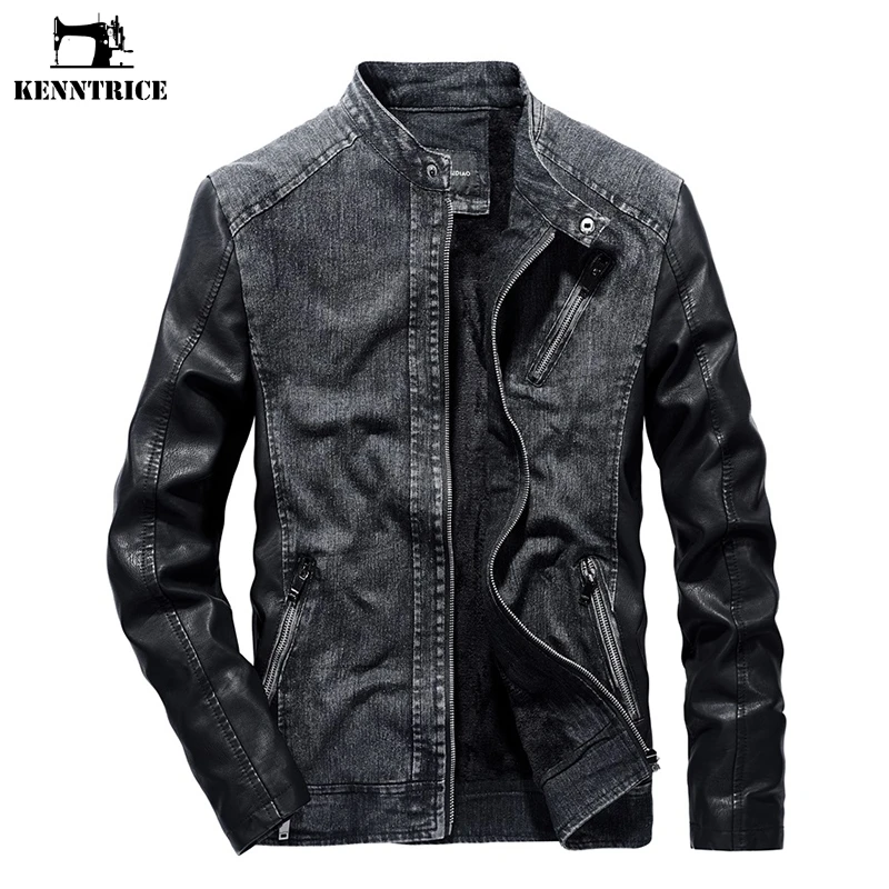 KENNTRICE New Fashion Denim Jacket Vintage Washed Male Zipper Men Coat Blue Black Patchwork Faux Leather Jacket Men