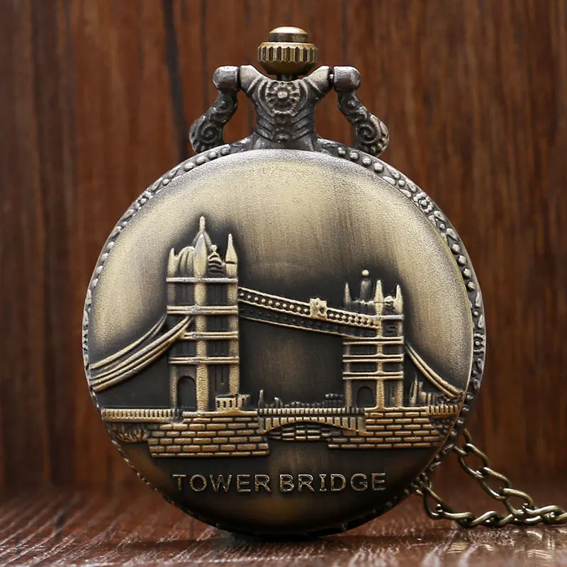 

Retro Bronze Tower Bridge Case Design Pendant Necklace Watch Quartz Fob Pocket Watches Best Gift Item to Men Women