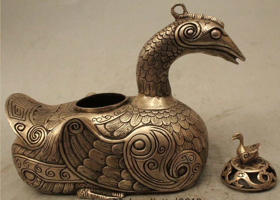 

6" China Chinese Dyansty Palace Silver Mandarin Duck Incense Burner Censer