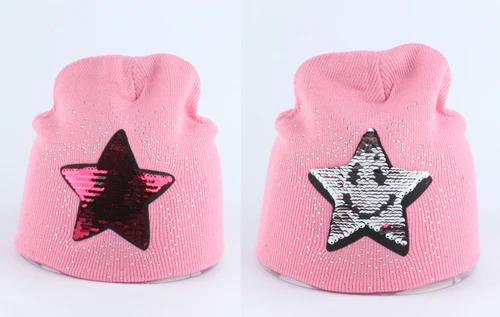 Зимняя детская шапочка для мальчиков и девочек, детская забавная шапка с рисунком смайлика, стразы со стразами, шапочки - Цвет: star dark pink