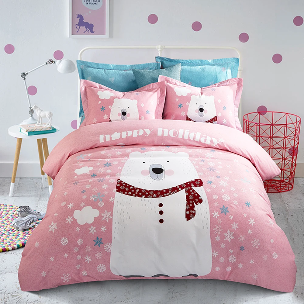 

Papa&Mima Big white bear print bedlinens Sanding cotton bedding set Queen King size flat sheet pillowcases duvet cover sets