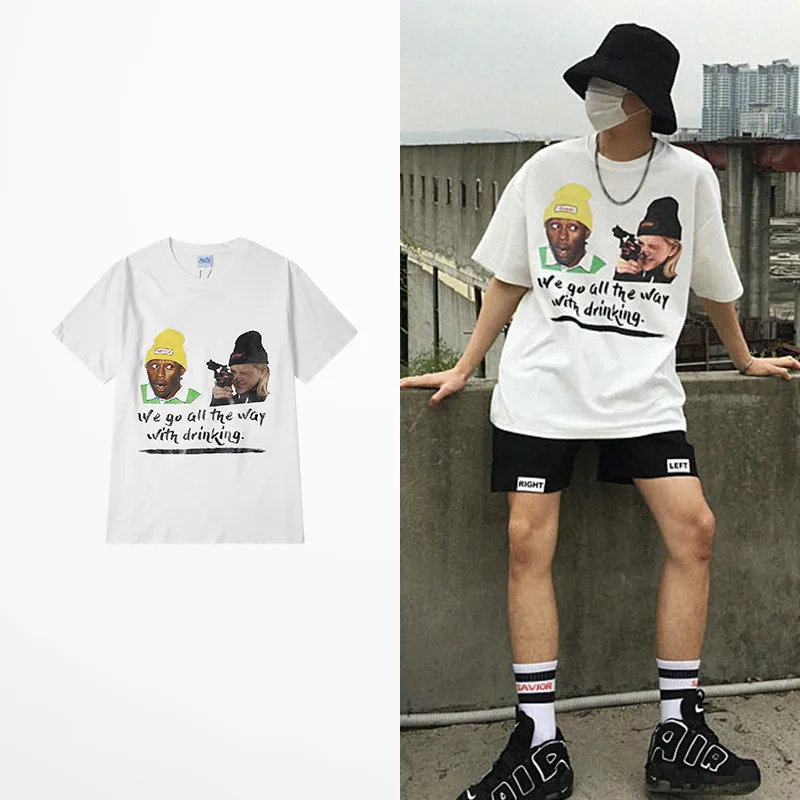 

2019 Summer Retro Letter Print Tide Brand Hip Hop Funny T Shirts We Go All The Way With Drinking Dark Souls T-shirts Male