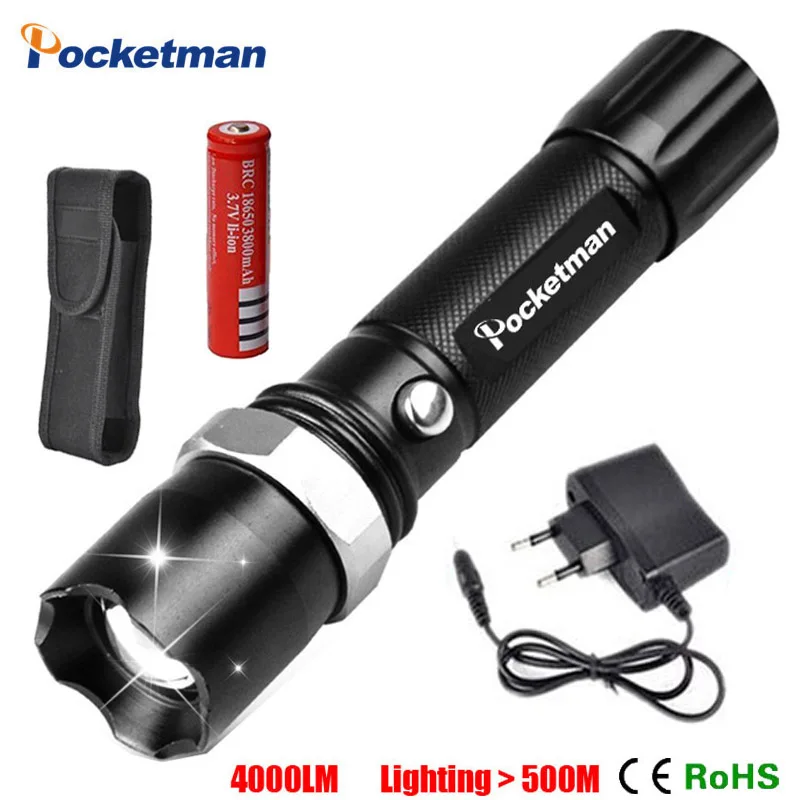 

3800LM Zoomable XM-LT6 LED Flashlight Torch Lighting 500M Defensive tactical flashlight Bike lights + 1x18650 Battery+Charger