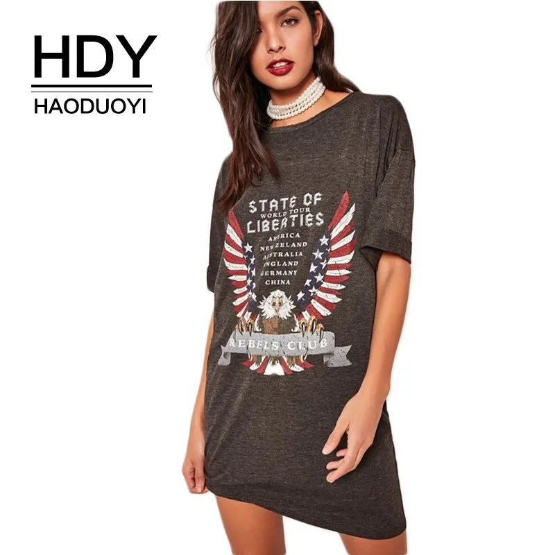 

HDY Haoduoyi New Arrival Europe And America Sports And Leisure Wild Printed Letters Long Section Round Neck Short Sleeve T-shirt