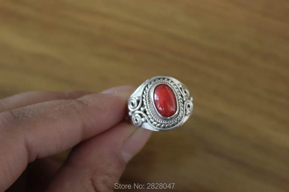 SL042 Nepal Handmade 925 Sterling Silver Inlaid Red Coral Rings for