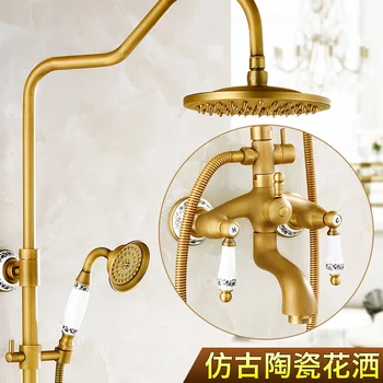 

Bathroom Shower Faucet Set Wall Mounted Antique Copper Phone Style Ceramic Handheld Shower Single Handle