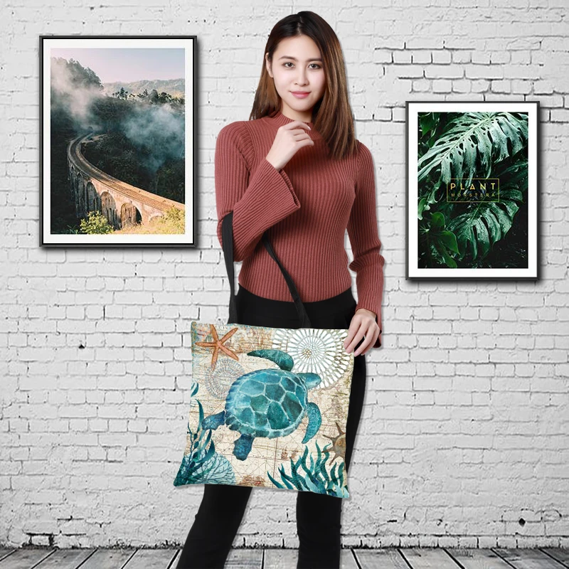 

CROWDALE 43cm*43cm Double-sided printing ocean style Printing Women Large Shopping Bag Ladies Linen sack Halloween gift bag