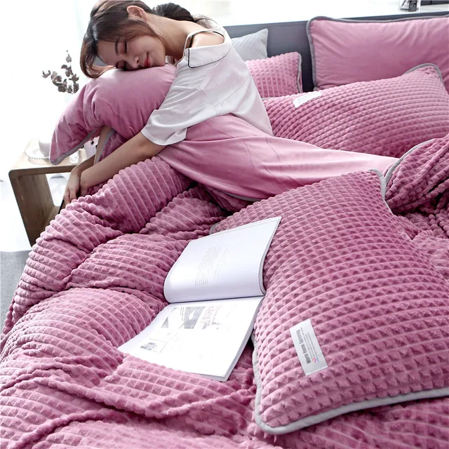 Special Price Luxury Coral Fleece Winter Bedding Set Soft Warm Sheet Pillowcase Duvet Cover Sets Solid Color Queen King Size Bedding Sets