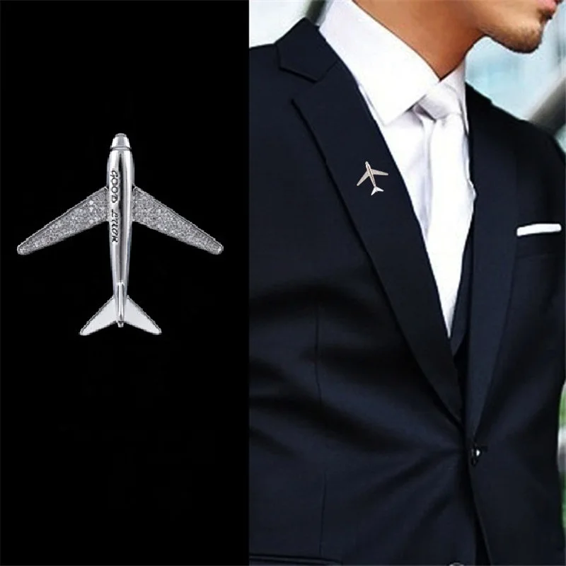 

High quality Sparkling Zircon Airplane Aircraft Man Pins Brooches Man Party Brooch Jewelry Men Suit Brooch Pin Gifts New 2019