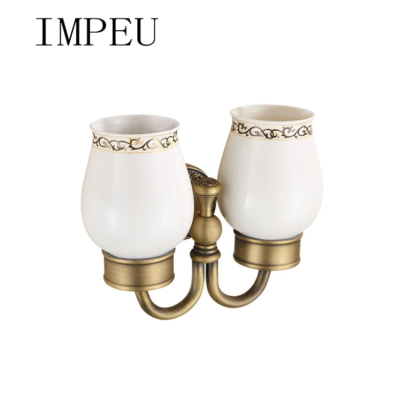 Toothbrush Cup Double Cups for Tooth Brush and Toothpaste Hotel Bathroom Collection Solid Brass / Ceramic Material Antique Bronze finishes