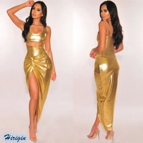 Summer Sexy Women Skinny Gold Dresses 2019 New Summer Women Sexy Sleeveless Square Collar Irregular Bodycon Dress
