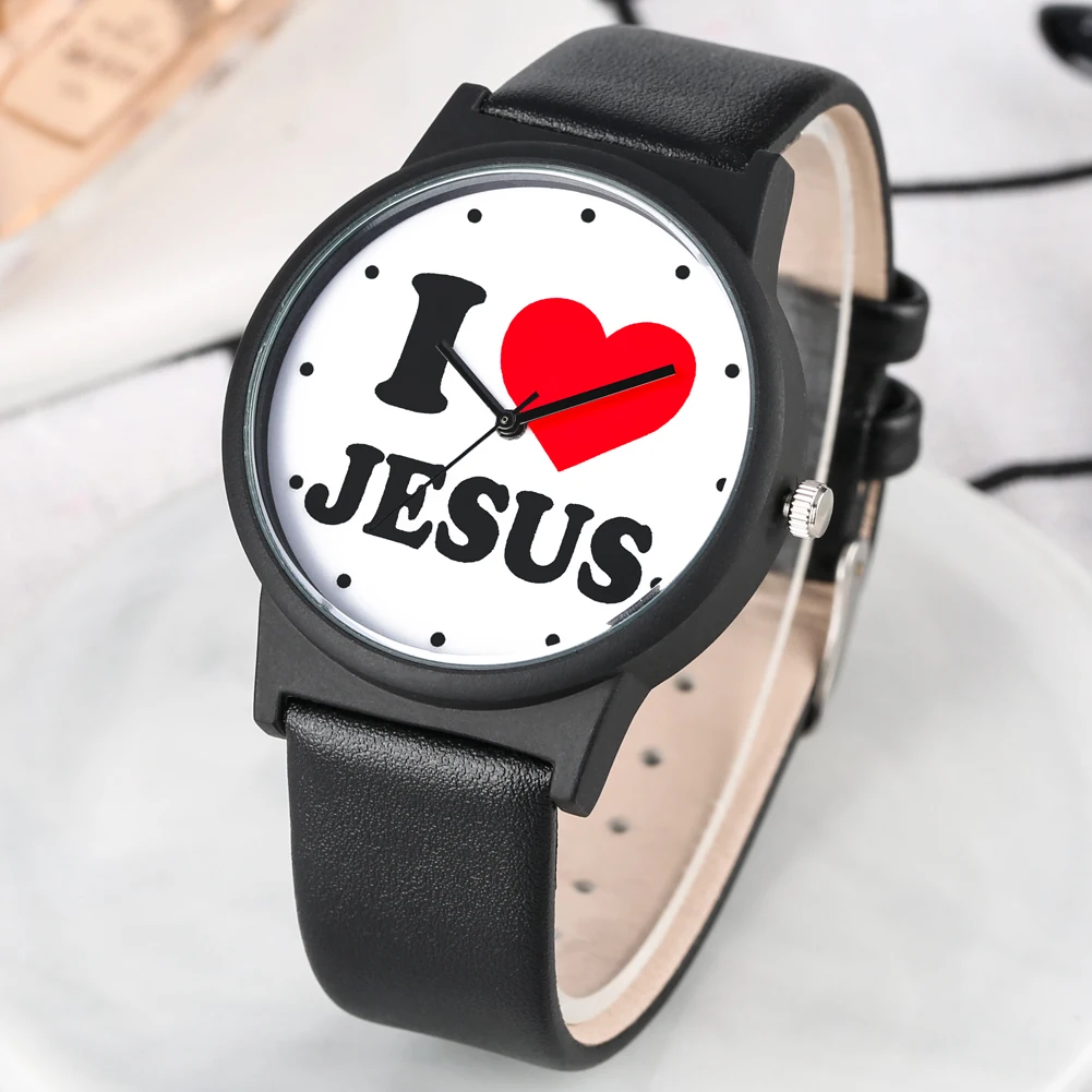 Привлекательные кварцевые часы серии I Love Jesus, выразительные черные часы из искусственной кожи с большим круглым циферблатом, наручные часы унисекс, подарок