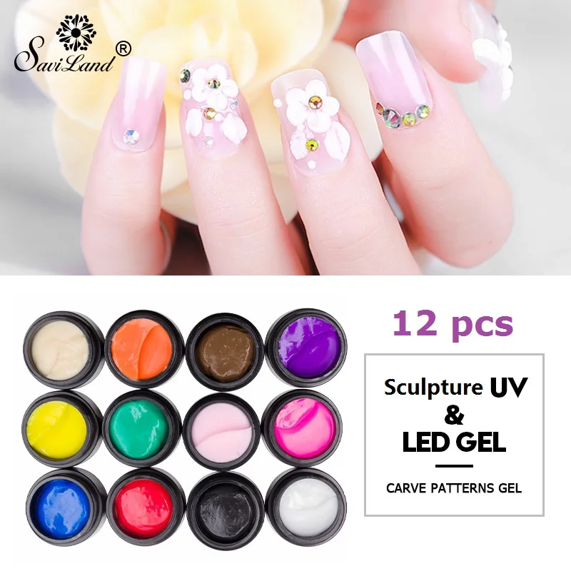 

Saviland 12pcs/set 3D Carved Patterns UV Gel Nail Polish Modelling Manicure DIY Flower 12 Colors Sculpture Nail Art Decoration