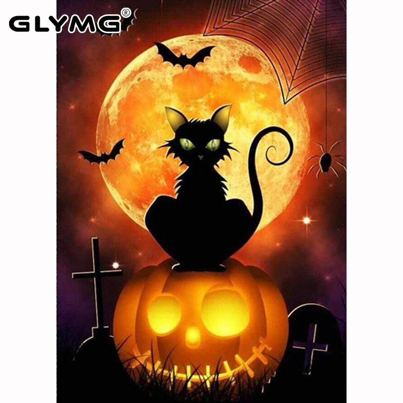 GLymg Diy Halloween Cat Pumpkin Diamond Painting Kits Full Drill Cross Stitch Diamond Embroidery Diamond Mosaic Home Picture