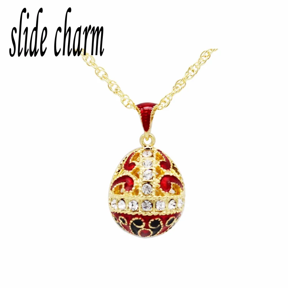 

slide charm Free shipping Red sea map Russian golden egg white crystal pendant necklace