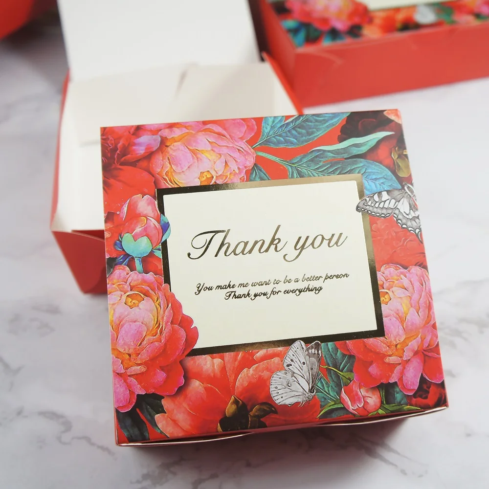 

red gold 13.6x13.6x5cm 10pcs flower blooming in night Paper Box cookie Macaron candy Christmas Birthday Party Gifts Packaging