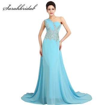 

Sexy evening dresses long with A Line One Shoulder Zipper and Sleeveless Chiffon covered Beading Crystal Illusion Gown SD276