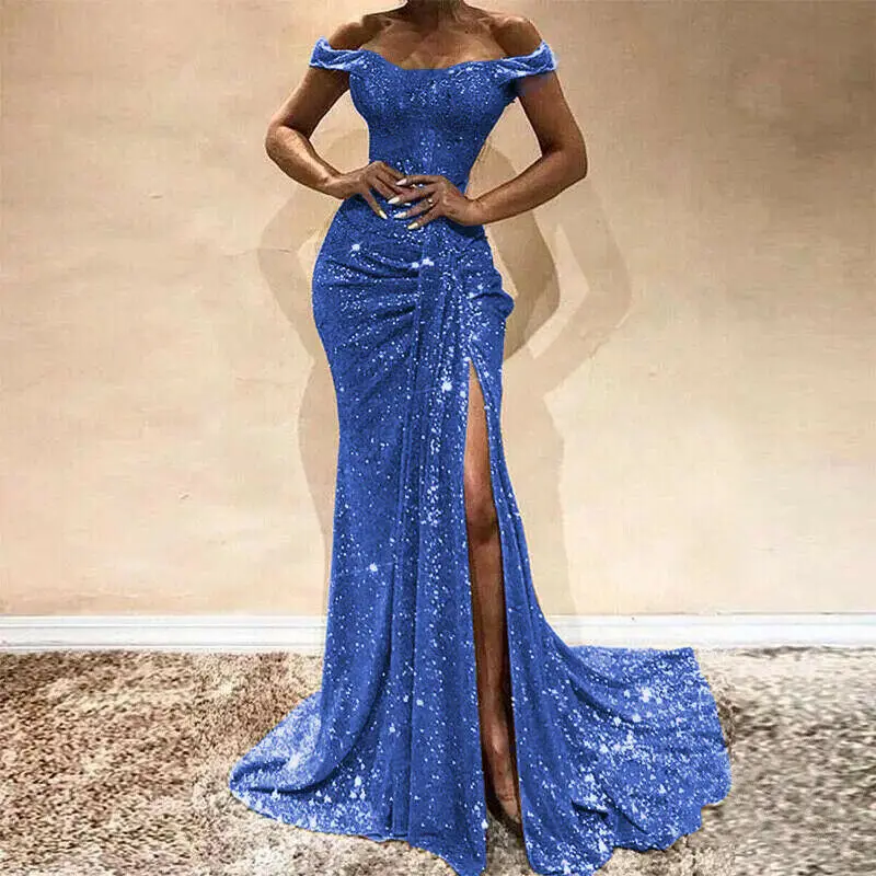 Women Formal Off Shoulder Paillette Wedding Evening Party Ball Prom Gown Shiny Long Maxi Dress - Color: Blue