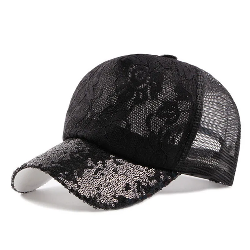 Women's Cap Summer Ventilation Baseball Caps Laces Sequins Decoration Adjustable Head Size Snapback Hip Hop Mesh Cap Beach Hats