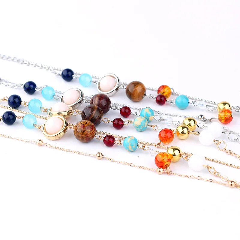 

Universe Galaxy Eight Planets Bracelet Natural Stone Beads Guardian Star Anklet Gold Silver Color Sweater Chain Necklace JZ005